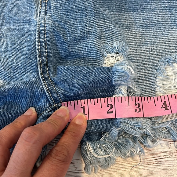 Pinkblush Dark Wash Distressed Fringe Hem Maternity Full Panel Jean Shorts - Picture 7 of 10